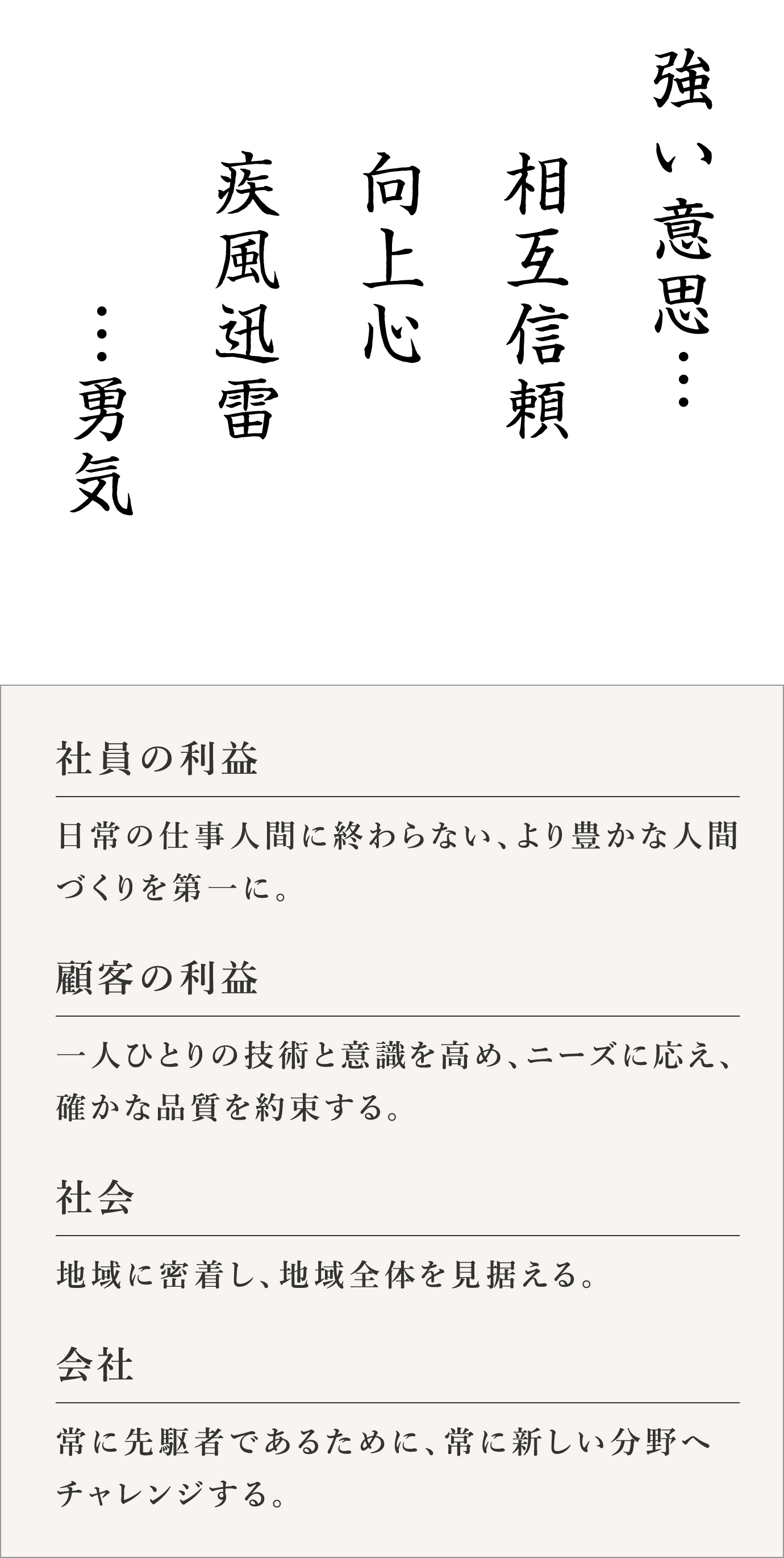 強い意志、相互信頼、向上心、疾風迅雷、勇気